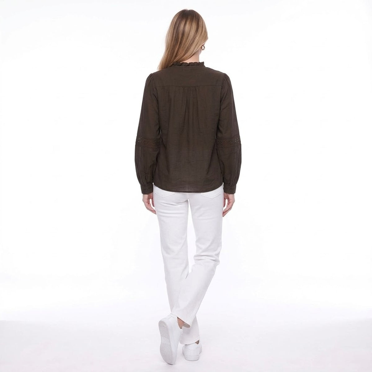 Brown Ruffle Collar Lace Trim Long Sleeve Button Front Blouse