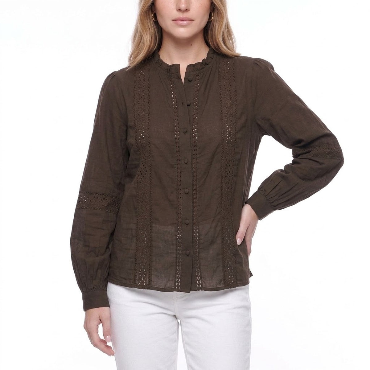 Brown Ruffle Collar Lace Trim Long Sleeve Button Front Blouse