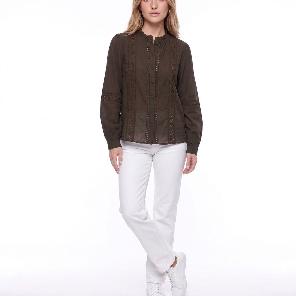 Brown Ruffle Collar Lace Trim Long Sleeve Button Front Blouse