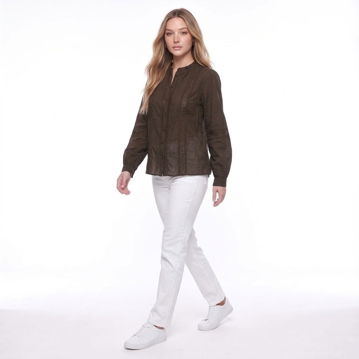 Brown Ruffle Collar Lace Trim Long Sleeve Button Front Blouse