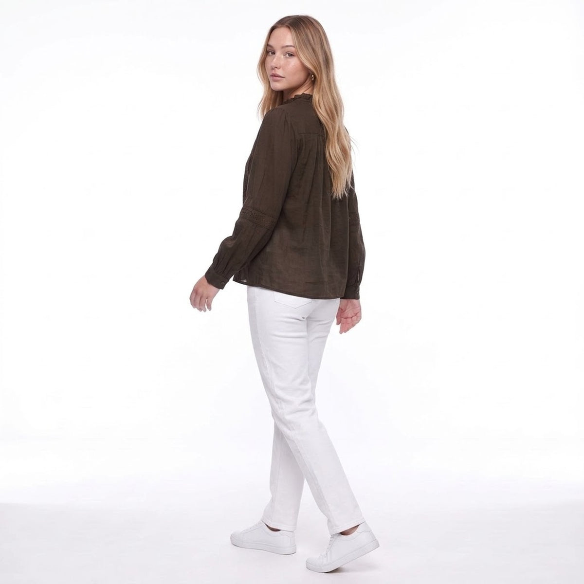 Brown Ruffle Collar Lace Trim Long Sleeve Button Front Blouse