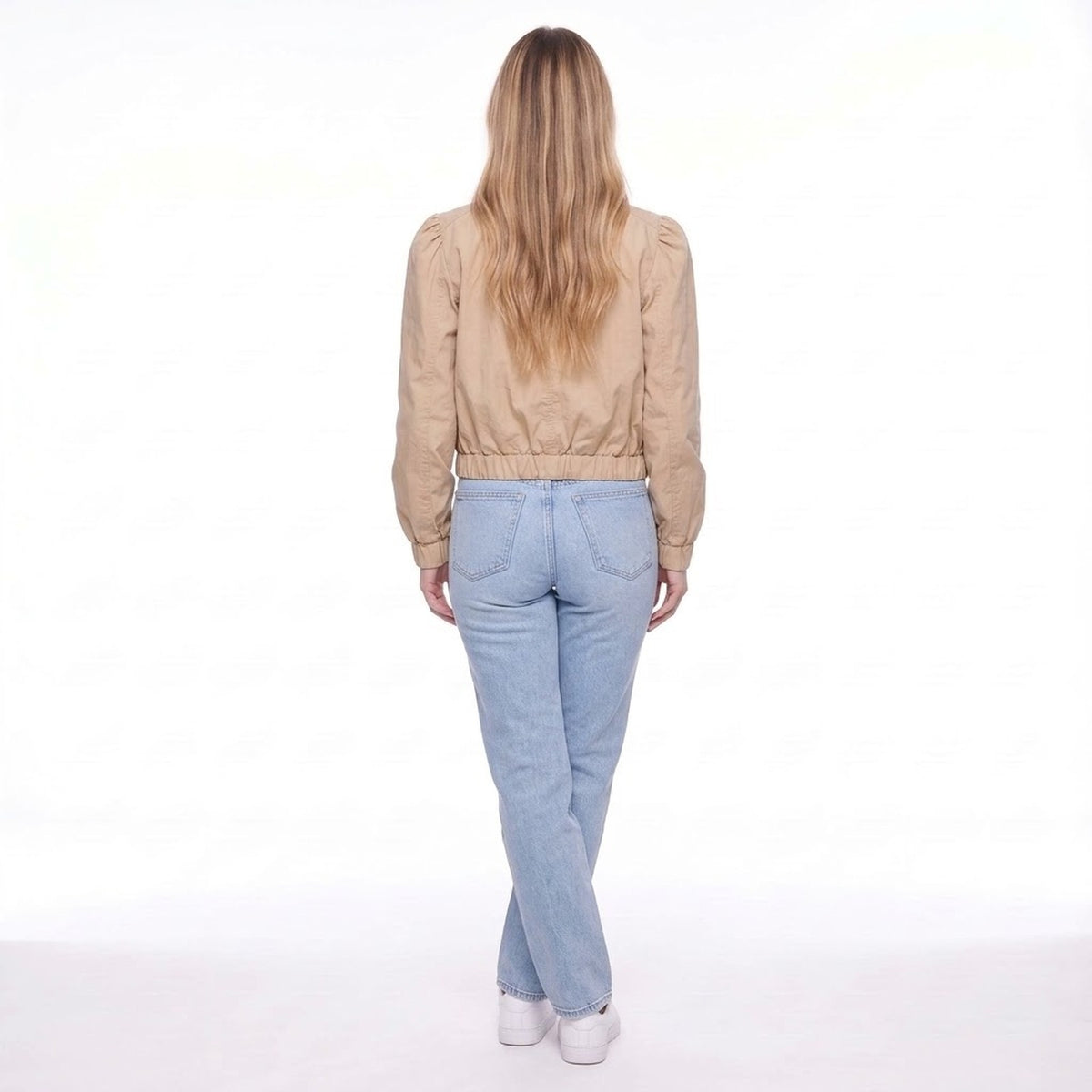 Khaki Cropped Pleated Puff Shoulder Button Front Windbreaker Jacket
