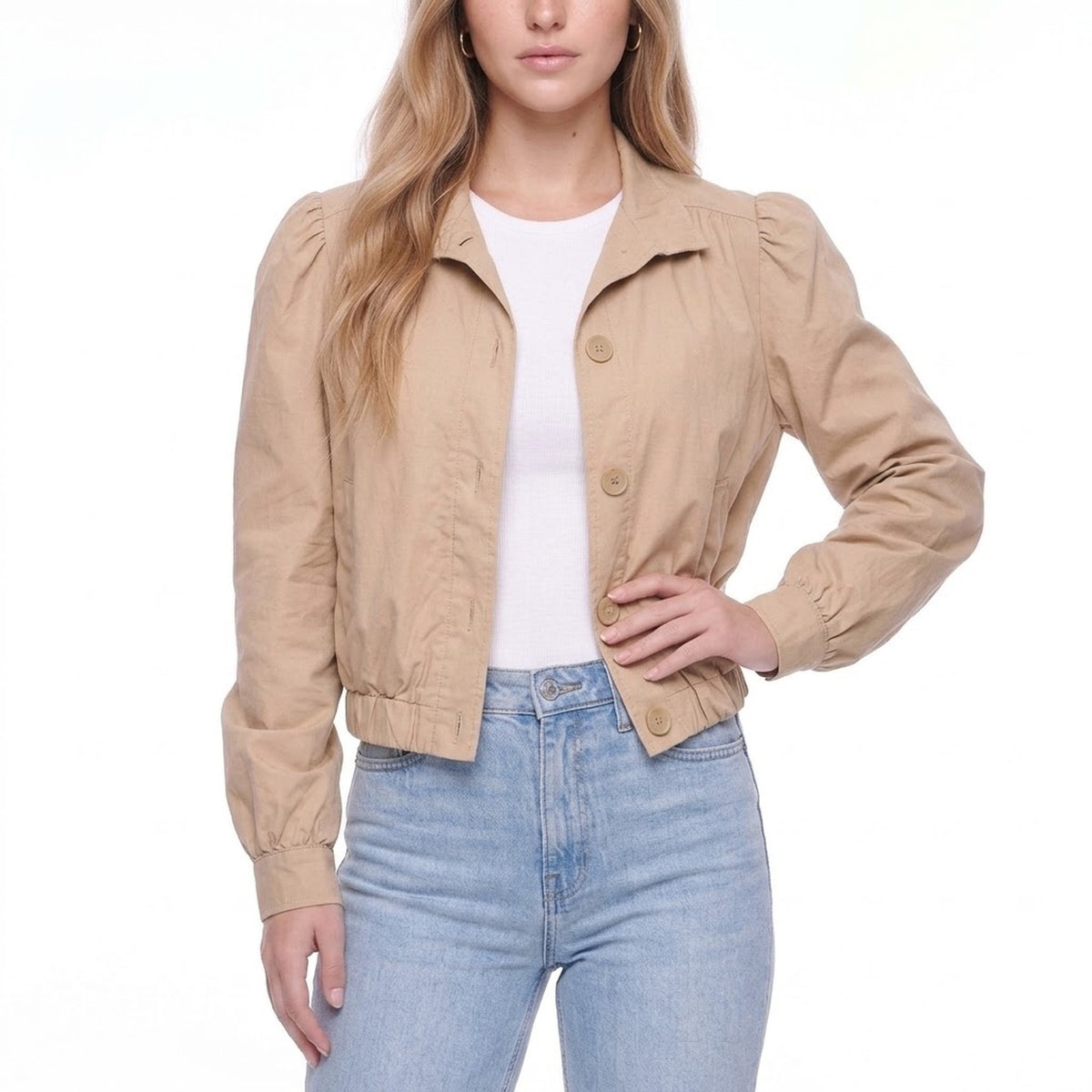 Khaki Cropped Pleated Puff Shoulder Button Front Windbreaker Jacket