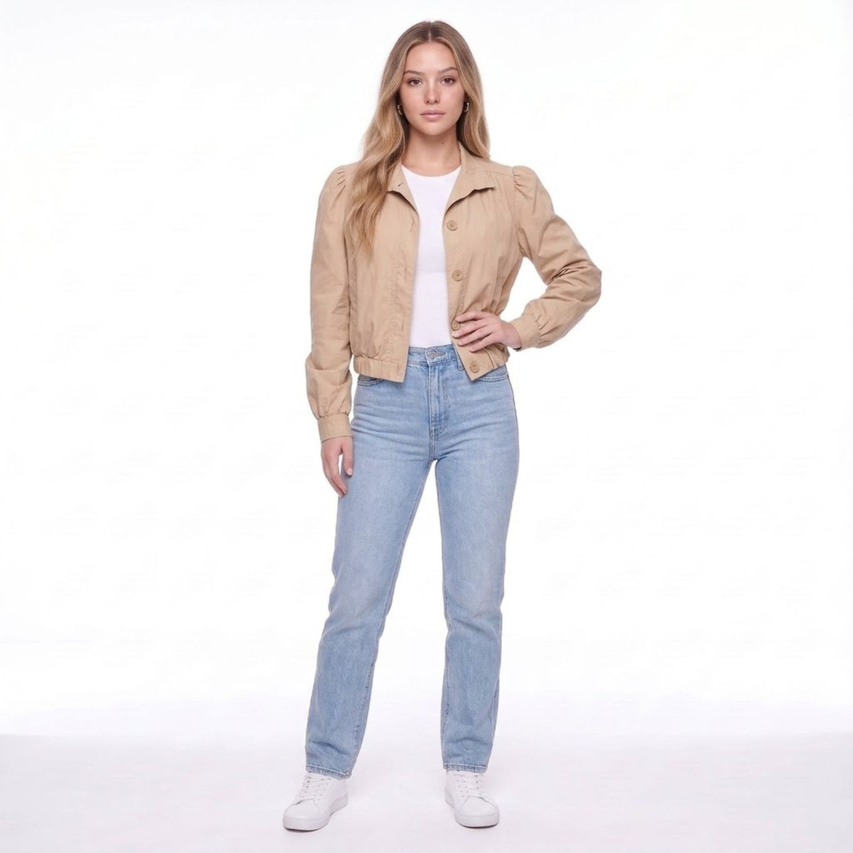 Khaki Cropped Pleated Puff Shoulder Button Front Windbreaker Jacket