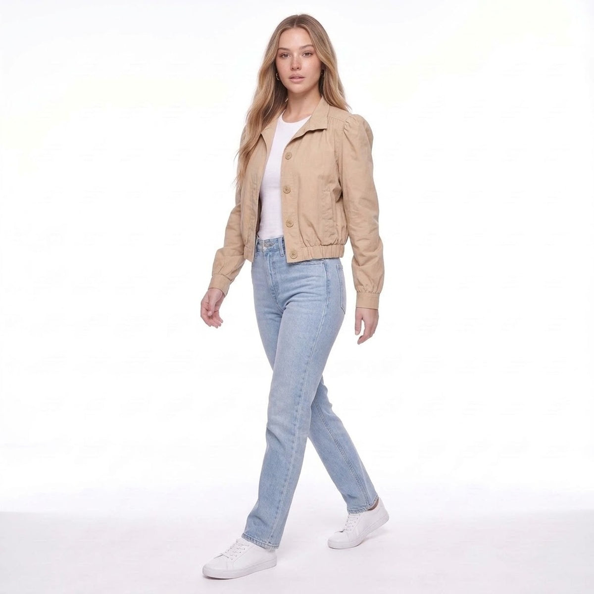 Khaki Cropped Pleated Puff Shoulder Button Front Windbreaker Jacket