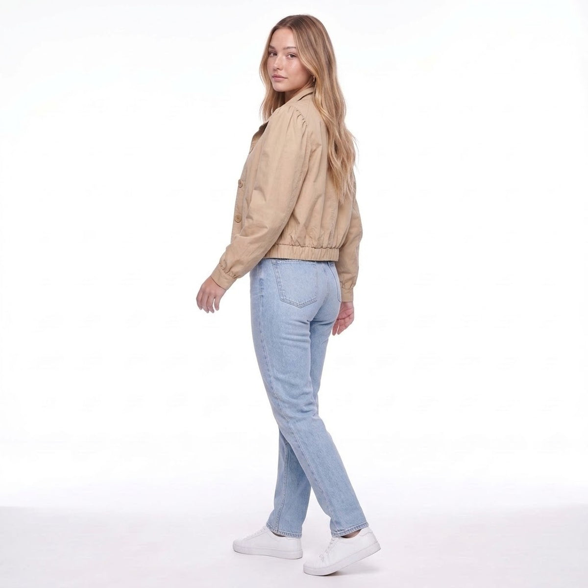 Khaki Cropped Pleated Puff Shoulder Button Front Windbreaker Jacket