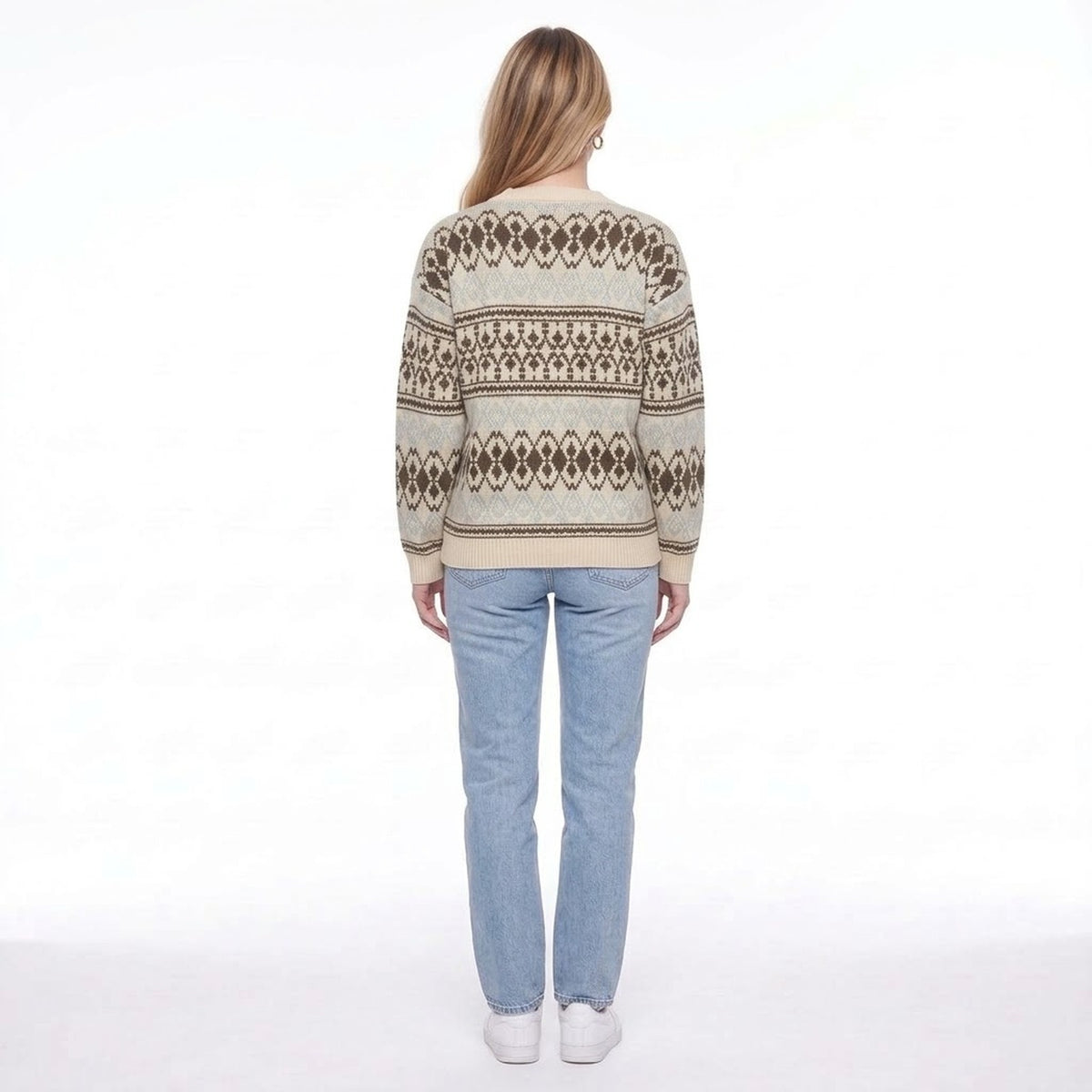 Light Beige Fair Isle Geometric Knit Crew Neck Pullover Sweater