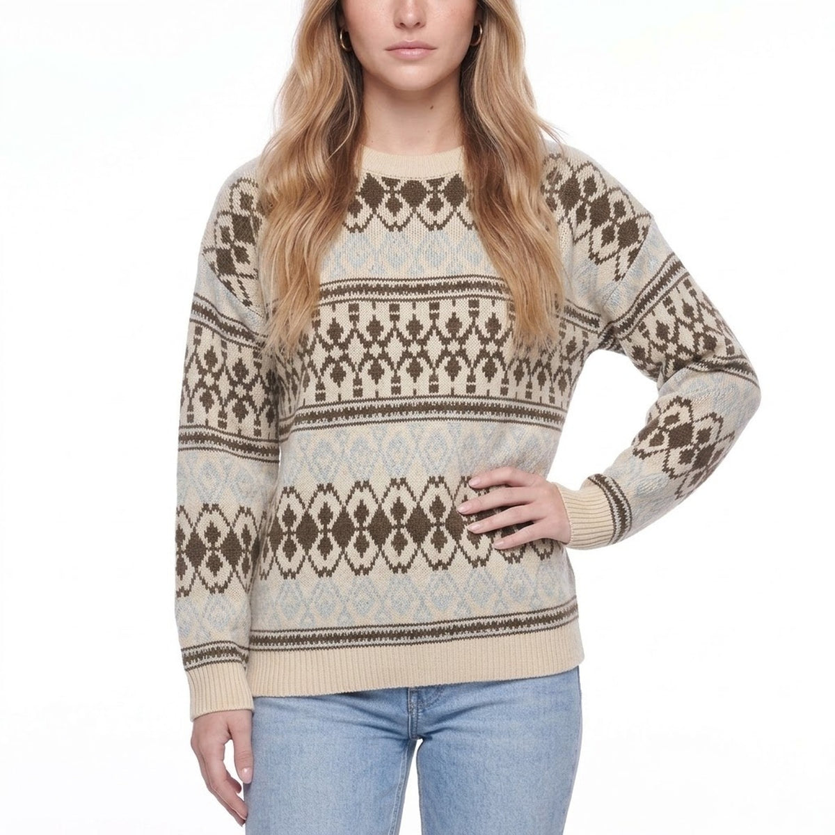 Light Beige Fair Isle Geometric Knit Crew Neck Pullover Sweater