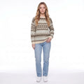 Light Beige Fair Isle Geometric Knit Crew Neck Pullover Sweater