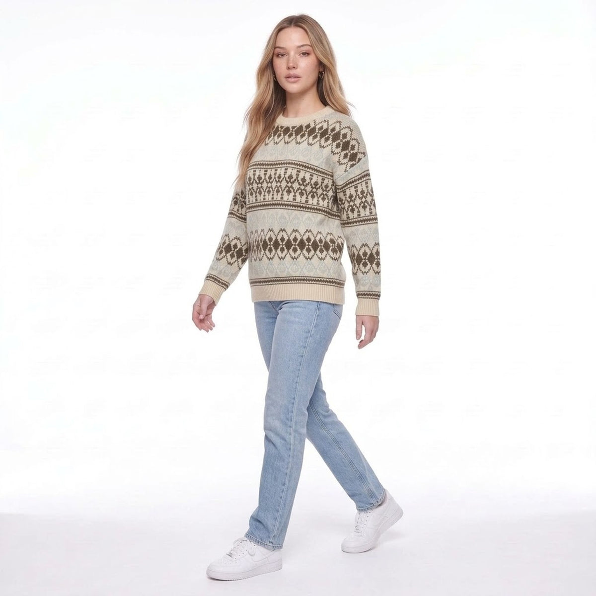 Light Beige Fair Isle Geometric Knit Crew Neck Pullover Sweater