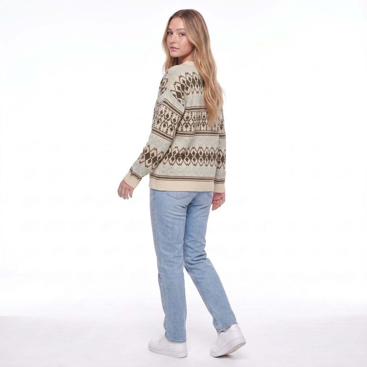 Light Beige Fair Isle Geometric Knit Crew Neck Pullover Sweater
