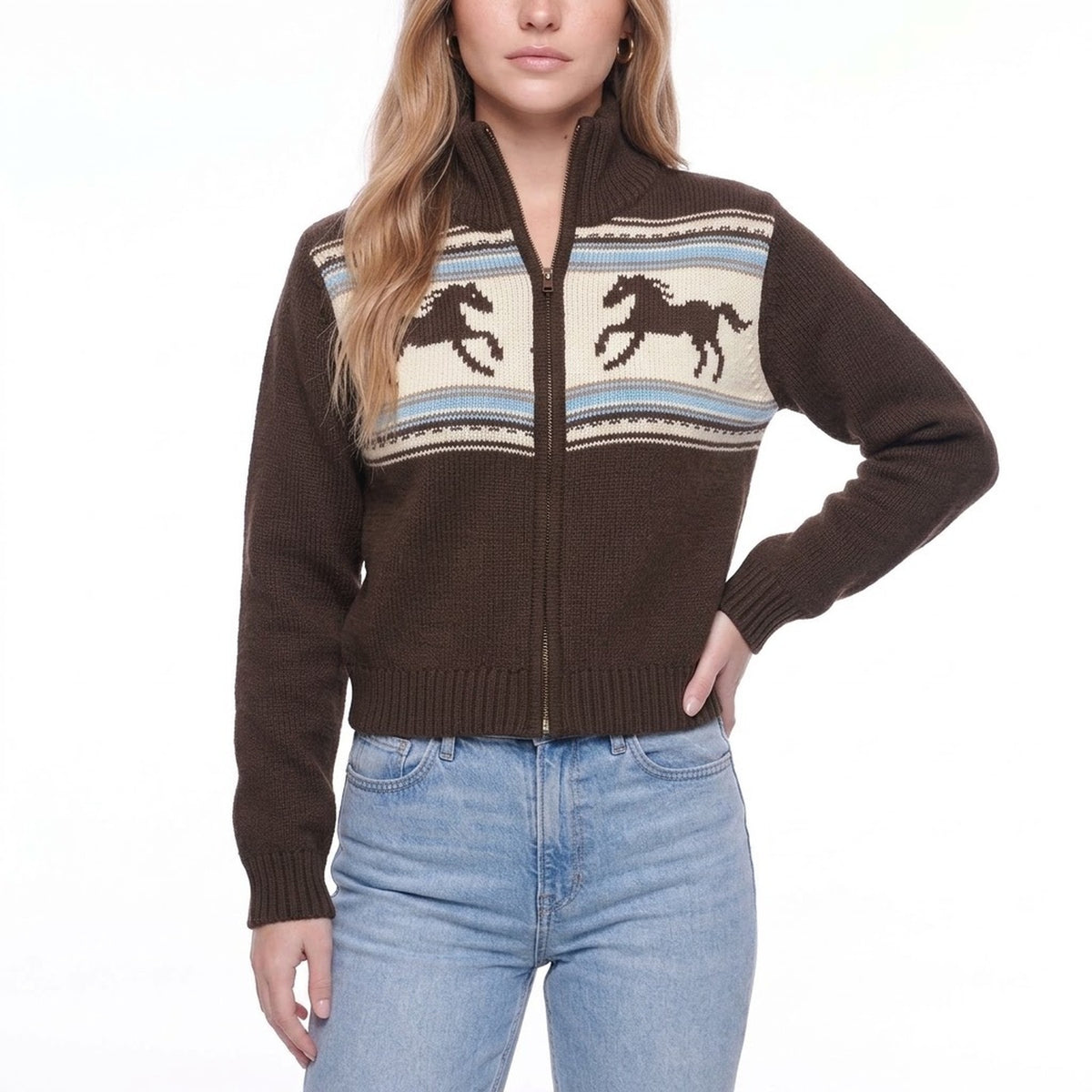 Coffee Brown Horse Jacquard Zip Up Stand Collar Knit Cardigan Sweater