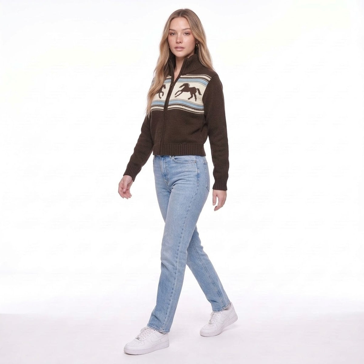 Coffee Brown Horse Jacquard Zip Up Stand Collar Knit Cardigan Sweater