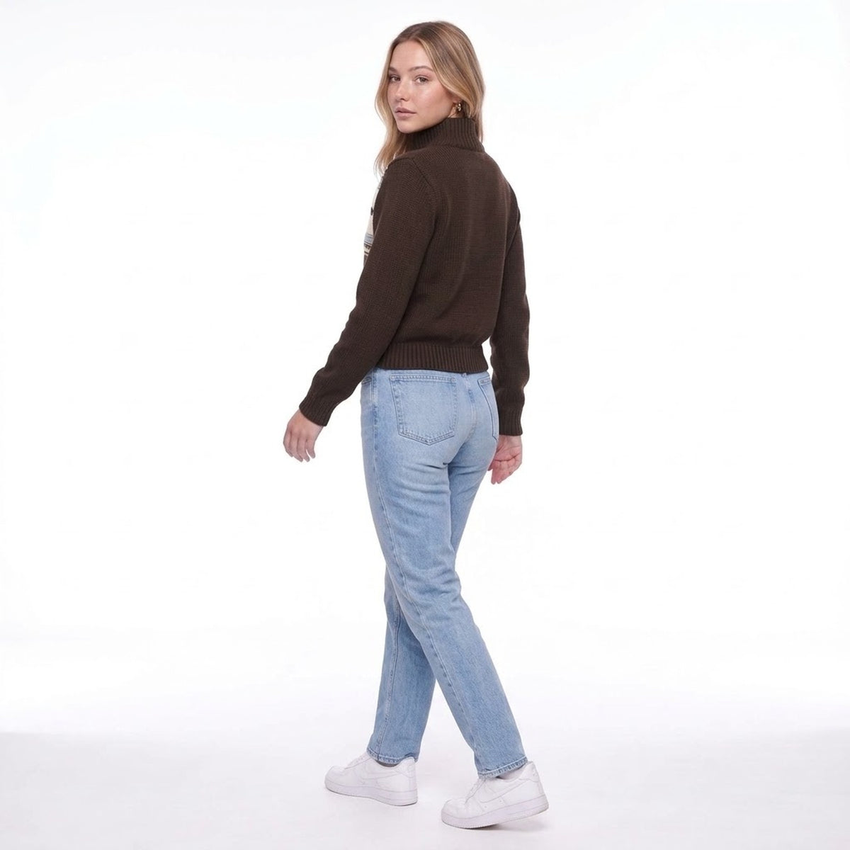 Coffee Brown Horse Jacquard Zip Up Stand Collar Knit Cardigan Sweater