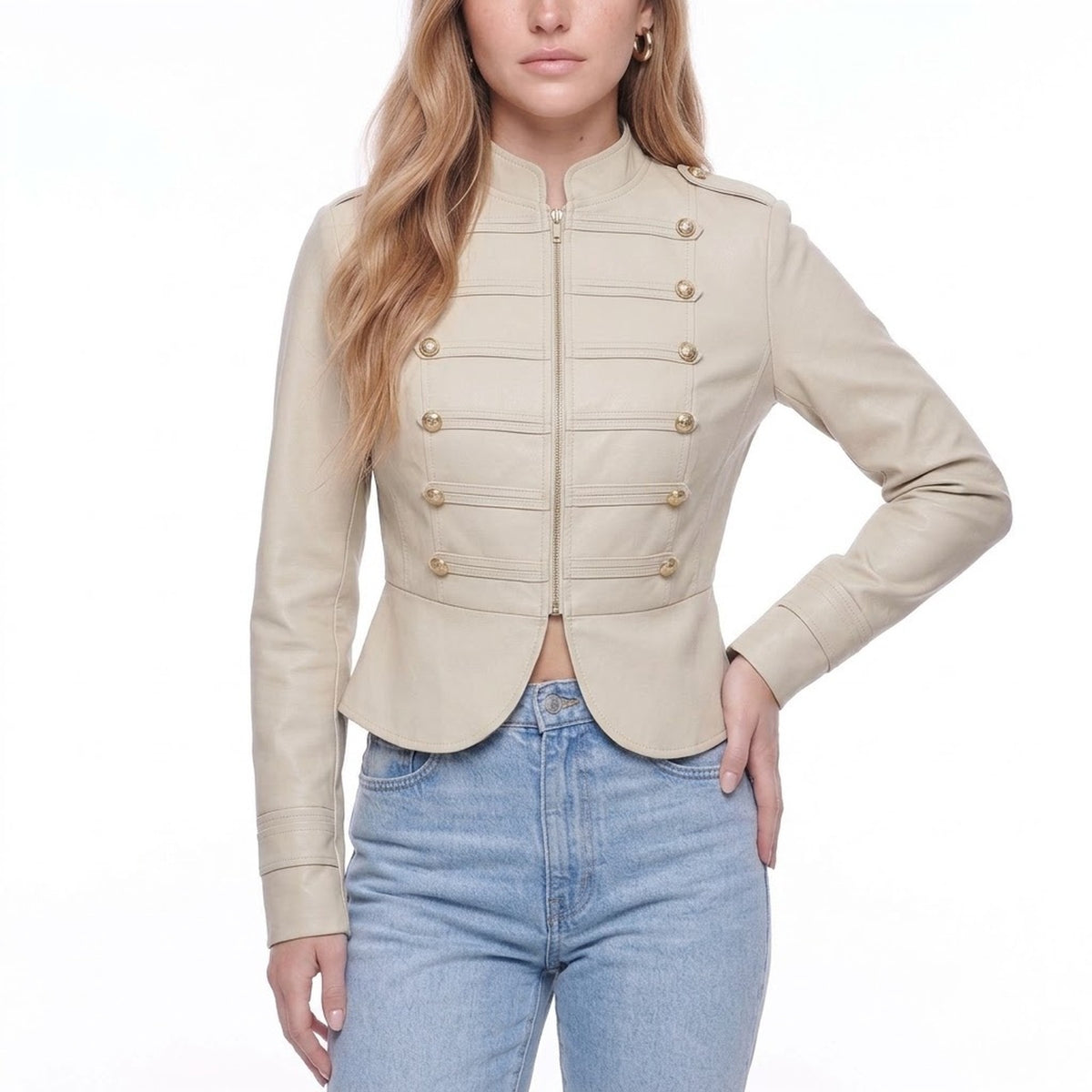 Light Beige Military Style Stand Collar Zip Up Cropped Jacket with Gold Buttons