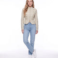 Light Beige Military Style Stand Collar Zip Up Cropped Jacket with Gold Buttons