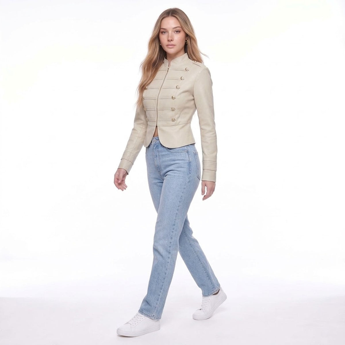 Light Beige Military Style Stand Collar Zip Up Cropped Jacket with Gold Buttons