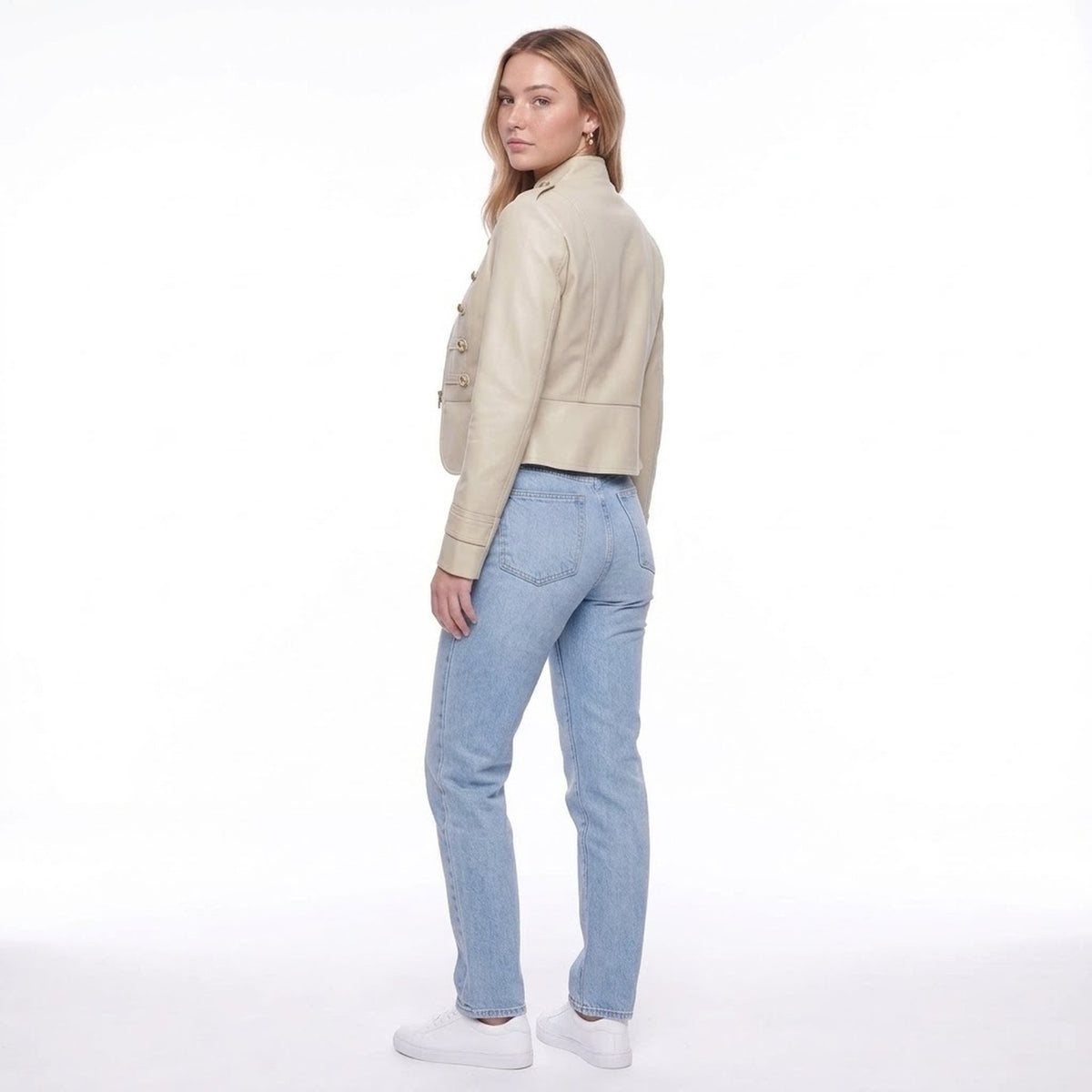 Light Beige Military Style Stand Collar Zip Up Cropped Jacket with Gold Buttons