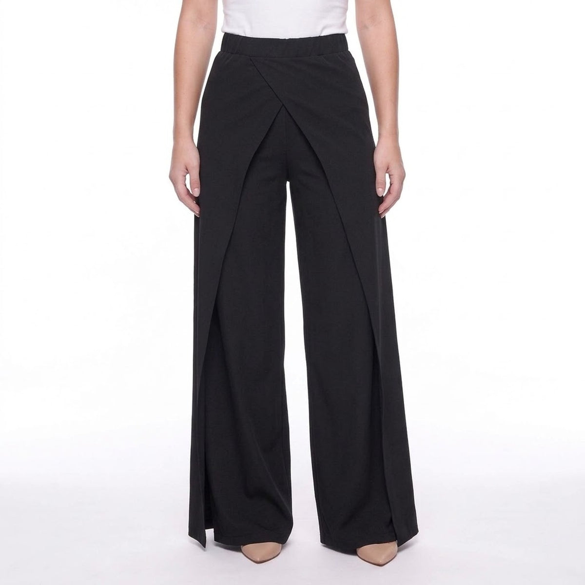 Black High Waist Crossover Front Wide Leg Pants with Side Slit