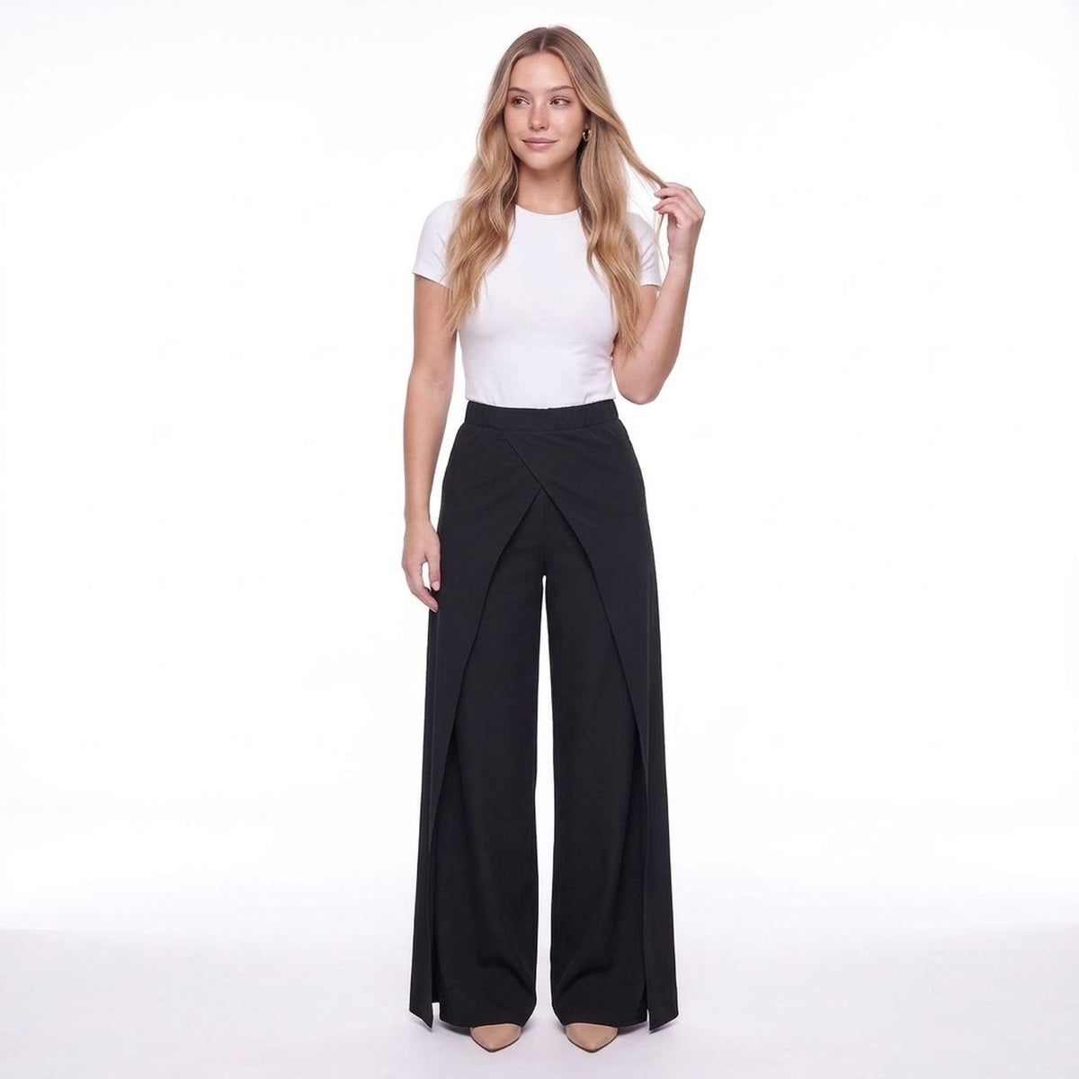 Black High Waist Crossover Front Wide Leg Pants with Side Slit