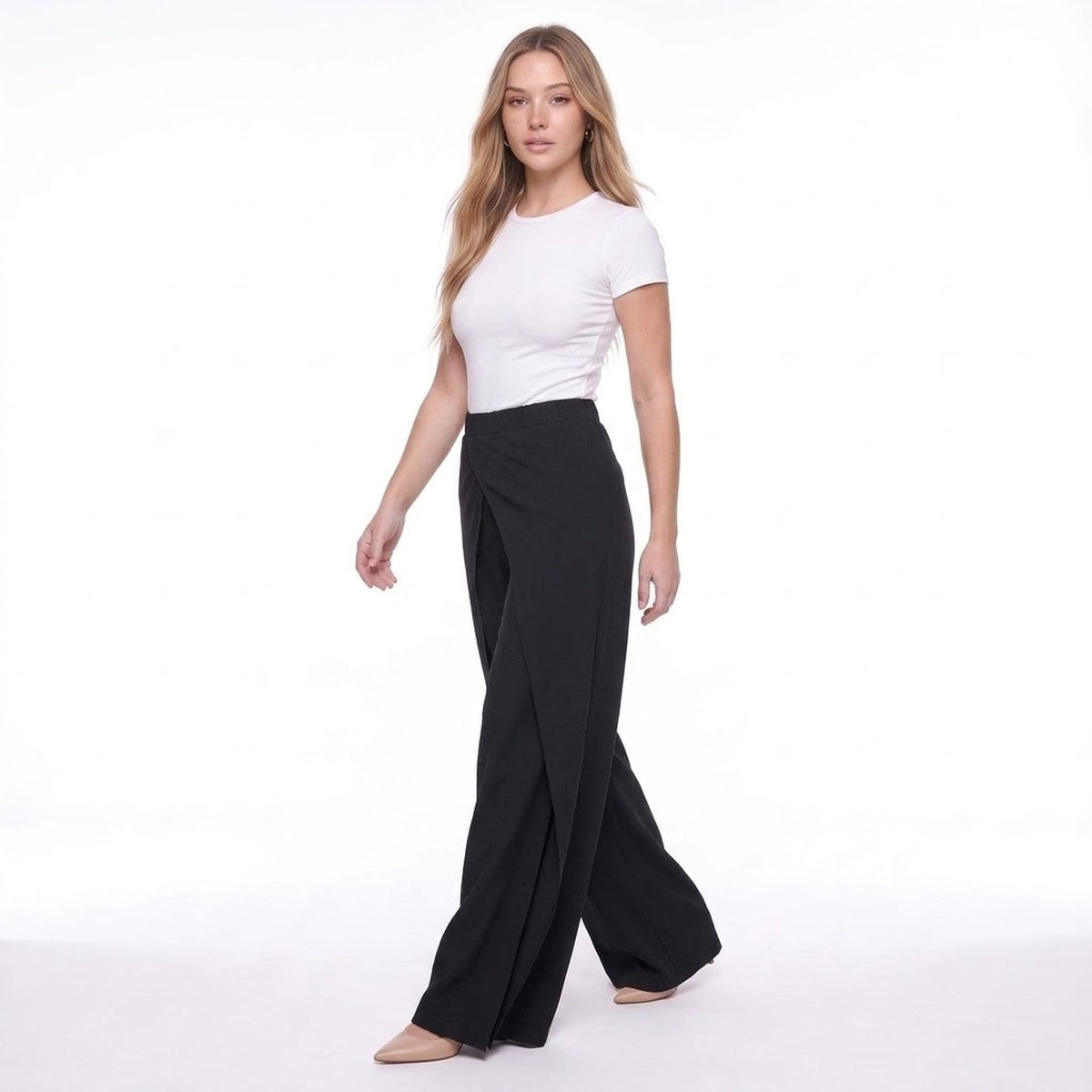 Black High Waist Crossover Front Wide Leg Pants with Side Slit