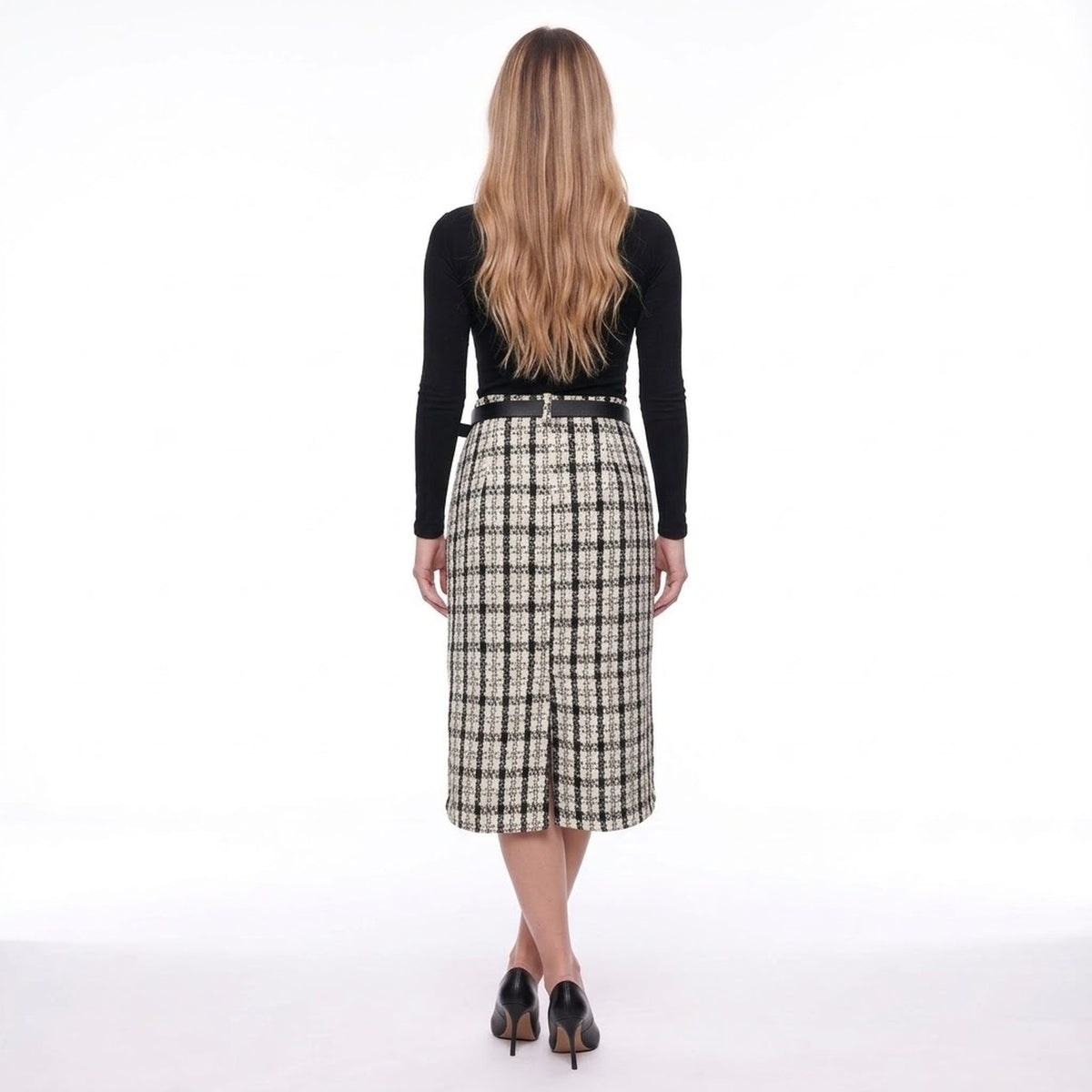 Off White and Black Plaid Tweed High Waist Midi Pencil Skirt