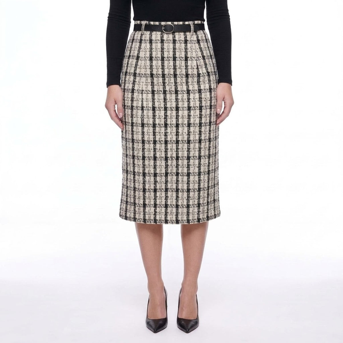 Off White and Black Plaid Tweed High Waist Midi Pencil Skirt