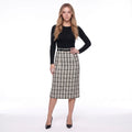Off White and Black Plaid Tweed High Waist Midi Pencil Skirt
