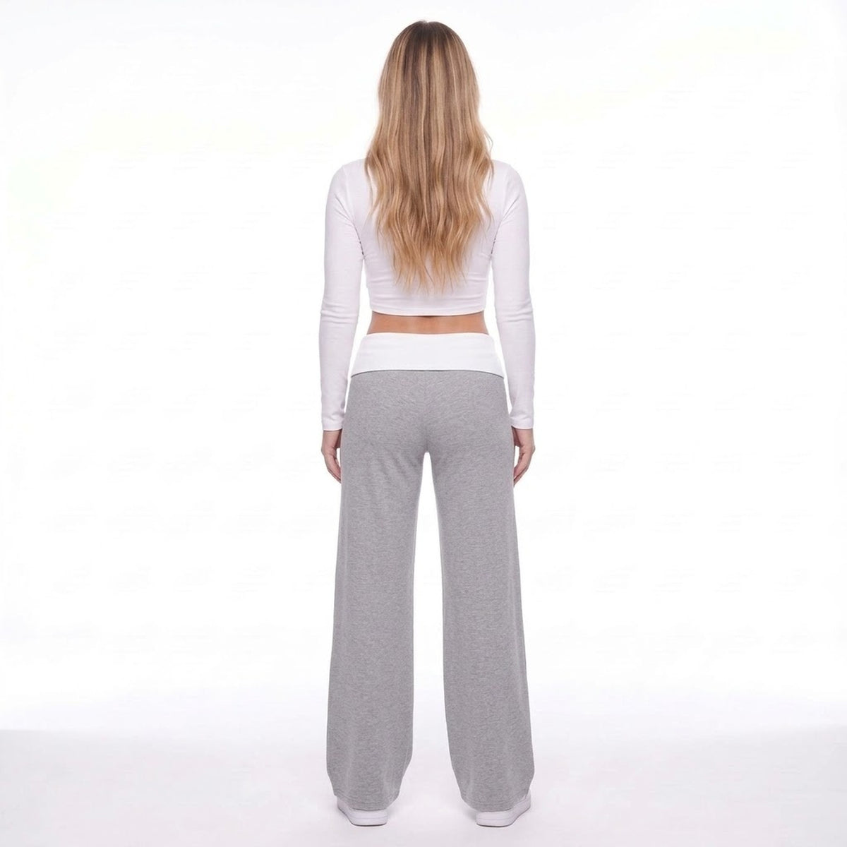 Gray Fold Over Waist Wide Leg Lounge Pants with Contrast Waistband
