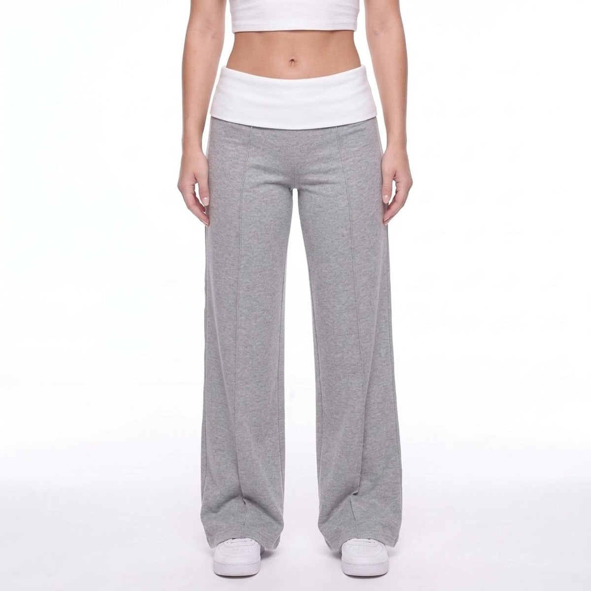 Gray Fold Over Waist Wide Leg Lounge Pants with Contrast Waistband