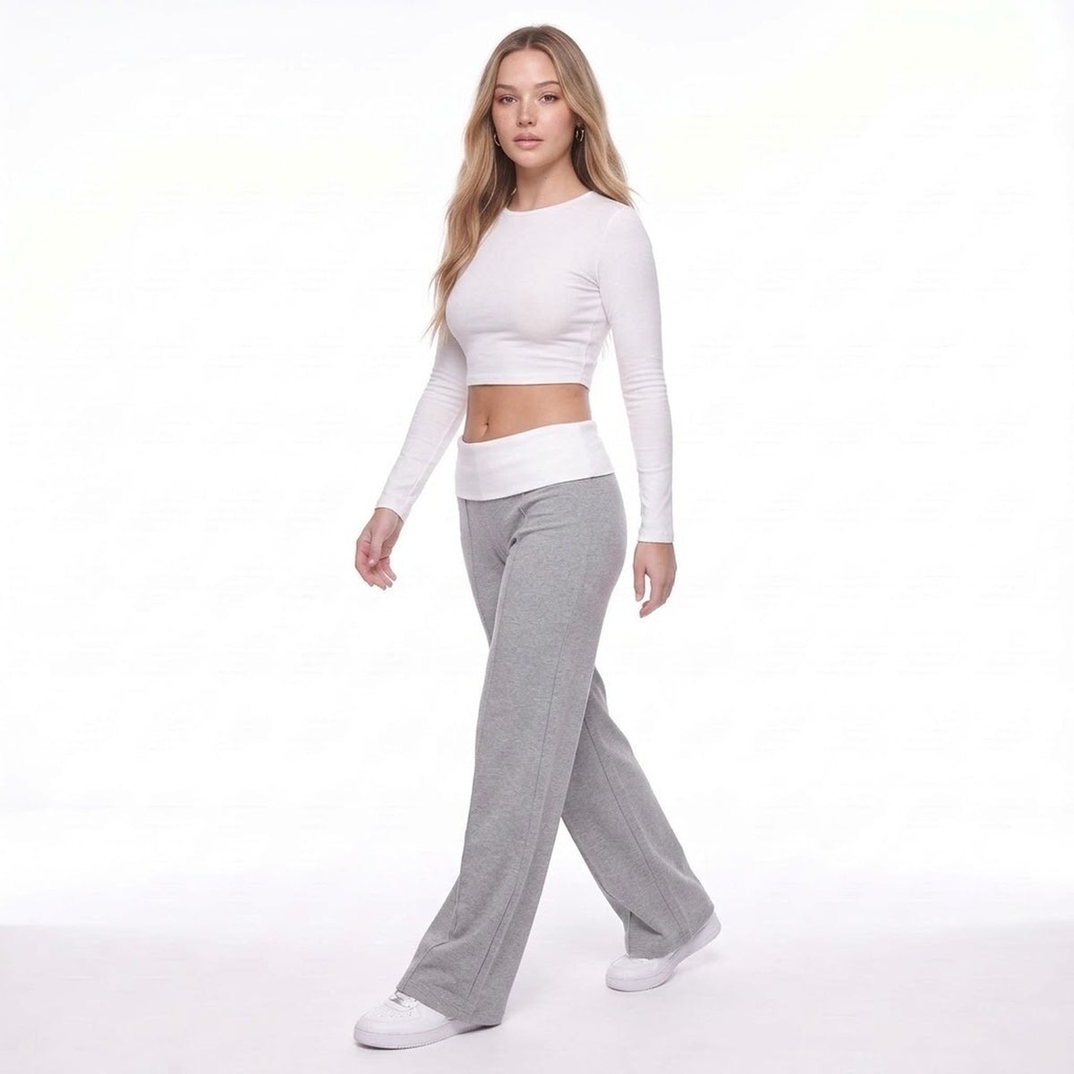 Gray Fold Over Waist Wide Leg Lounge Pants with Contrast Waistband