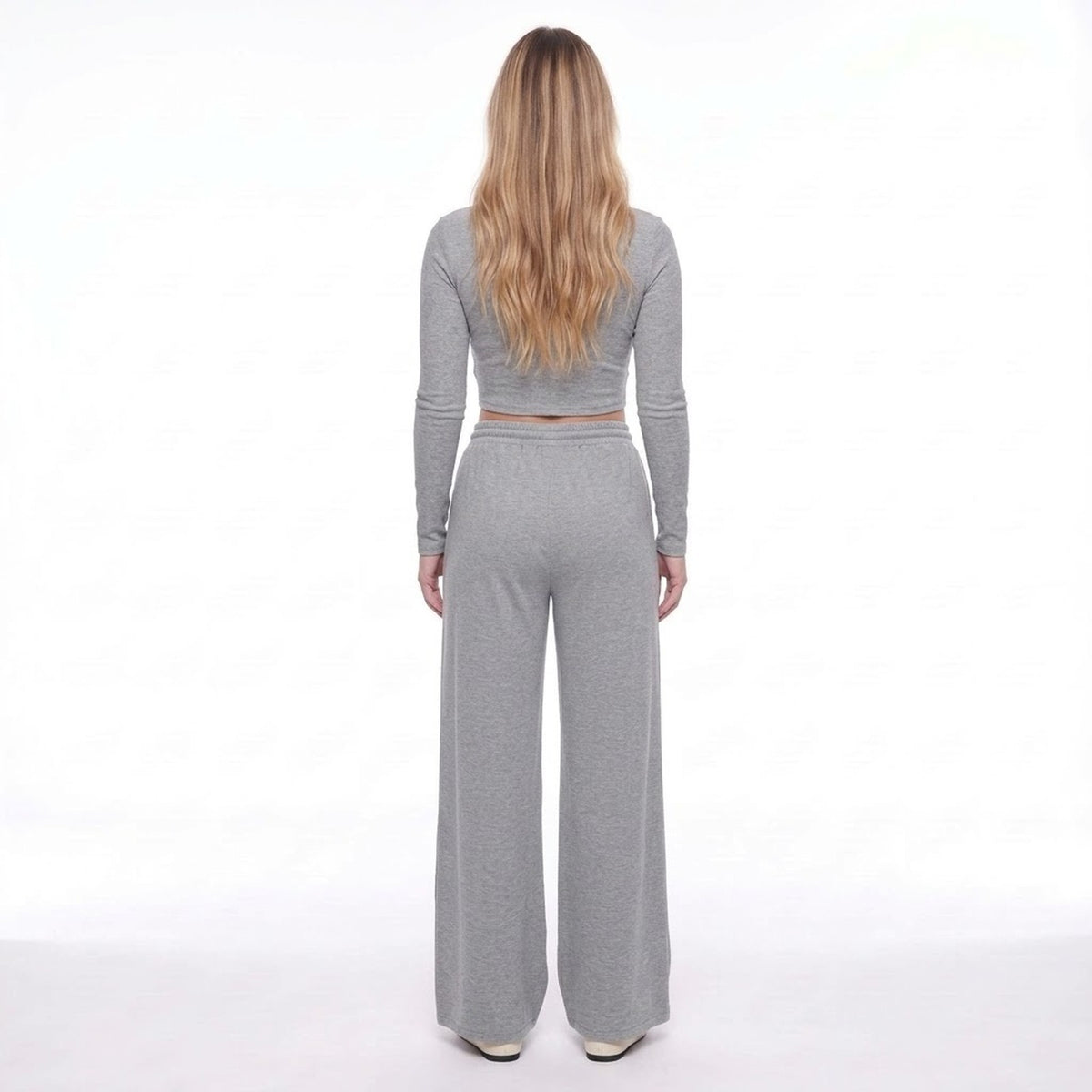Gray Drawstring Elastic Waist Wide Leg Knit Lounge Pants