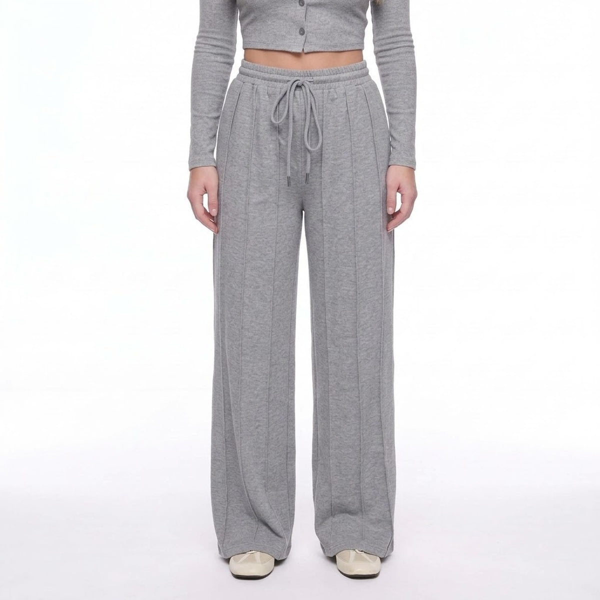 Gray Drawstring Elastic Waist Wide Leg Knit Lounge Pants