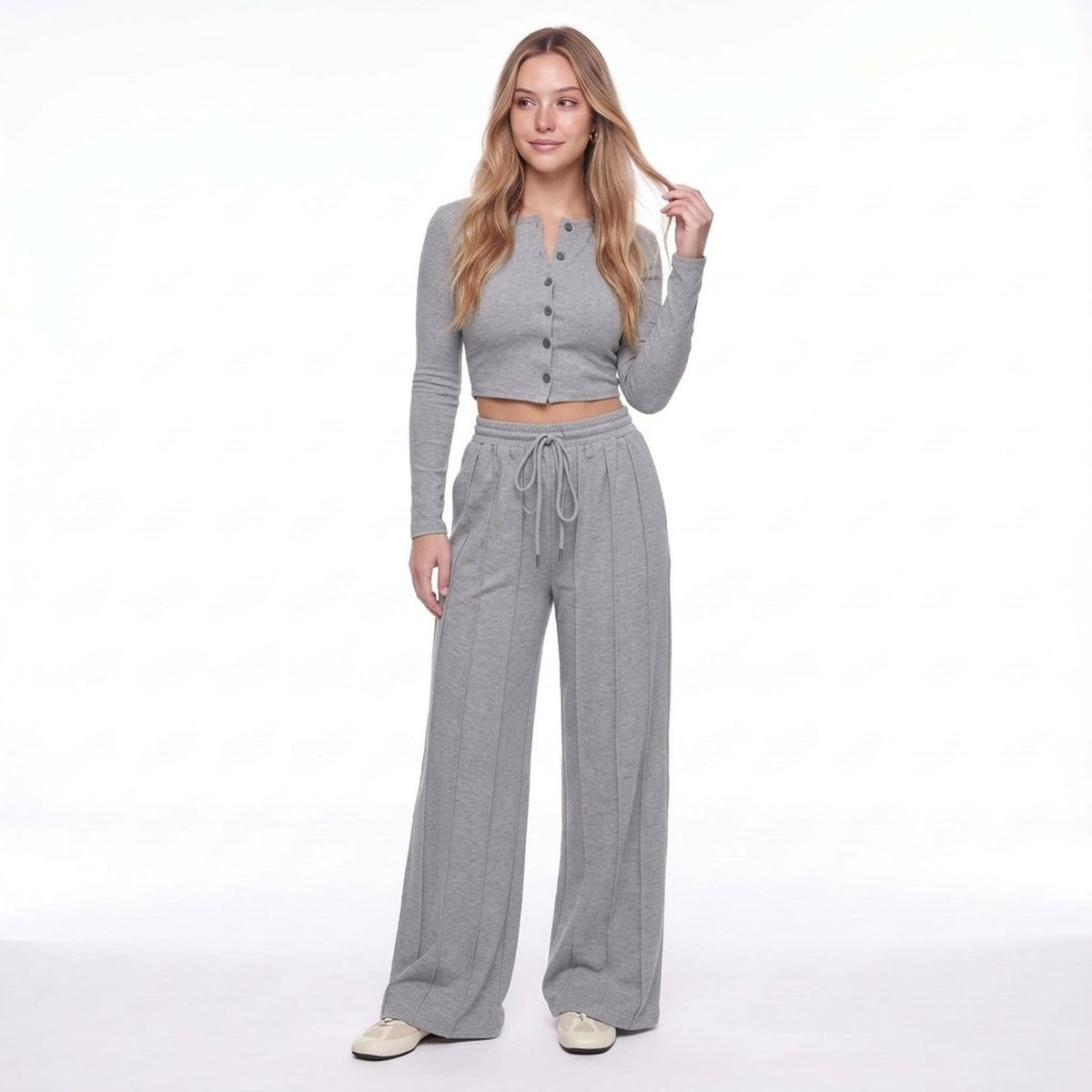 Gray Drawstring Elastic Waist Wide Leg Knit Lounge Pants