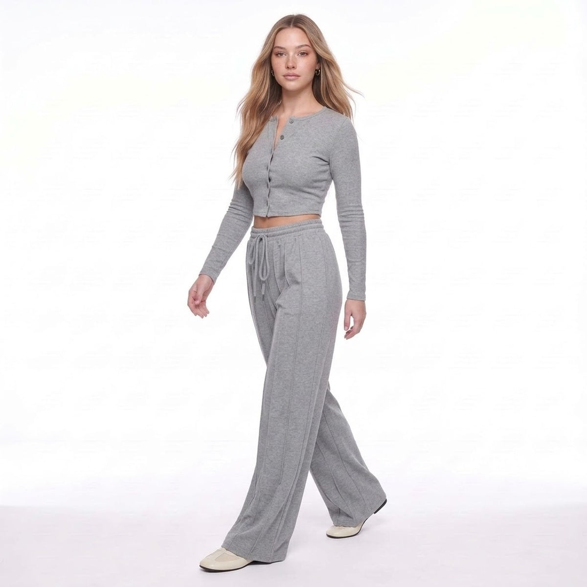 Gray Drawstring Elastic Waist Wide Leg Knit Lounge Pants