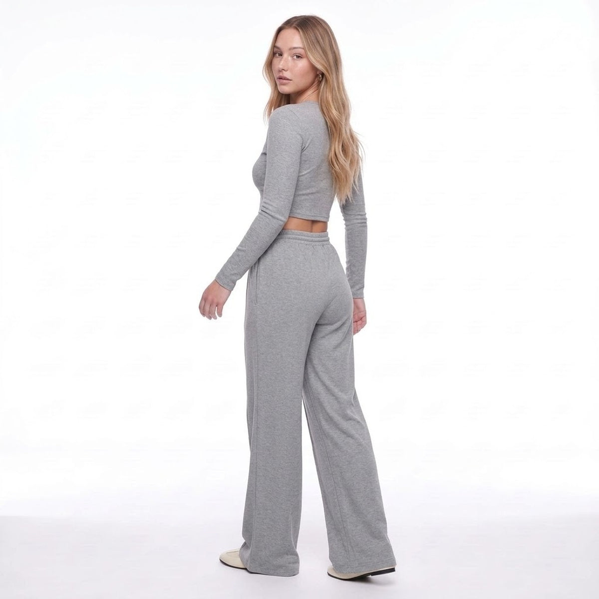 Gray Drawstring Elastic Waist Wide Leg Knit Lounge Pants