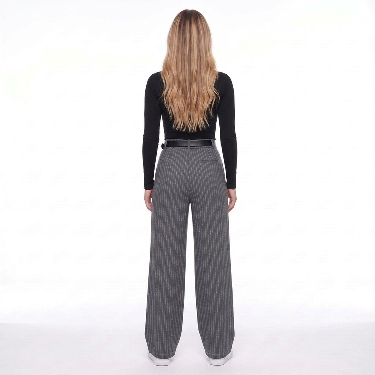 Gray Pinstripe High Waist Pleated Wide Leg Trousers