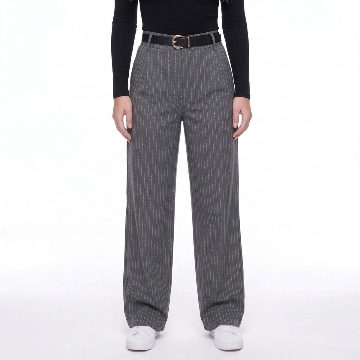 Gray Pinstripe High Waist Pleated Wide Leg Trousers