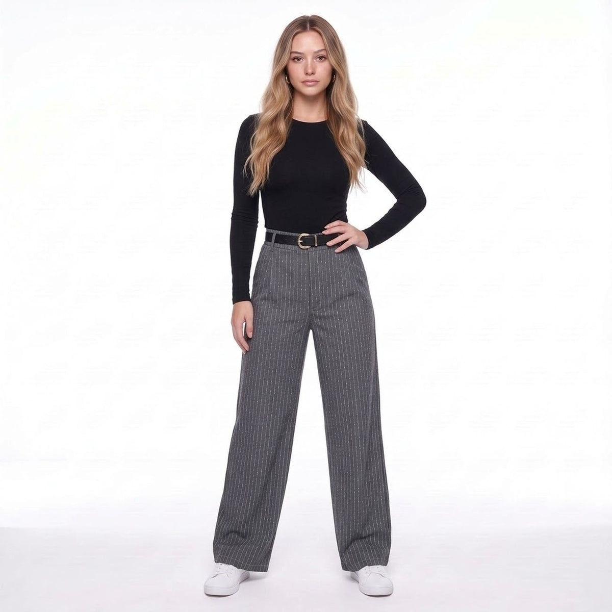 Gray Pinstripe High Waist Pleated Wide Leg Trousers
