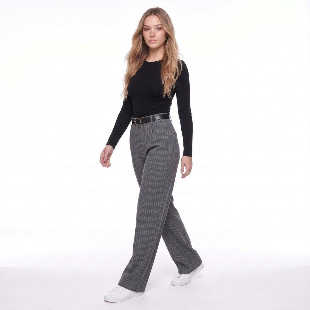 Gray Pinstripe High Waist Pleated Wide Leg Trousers