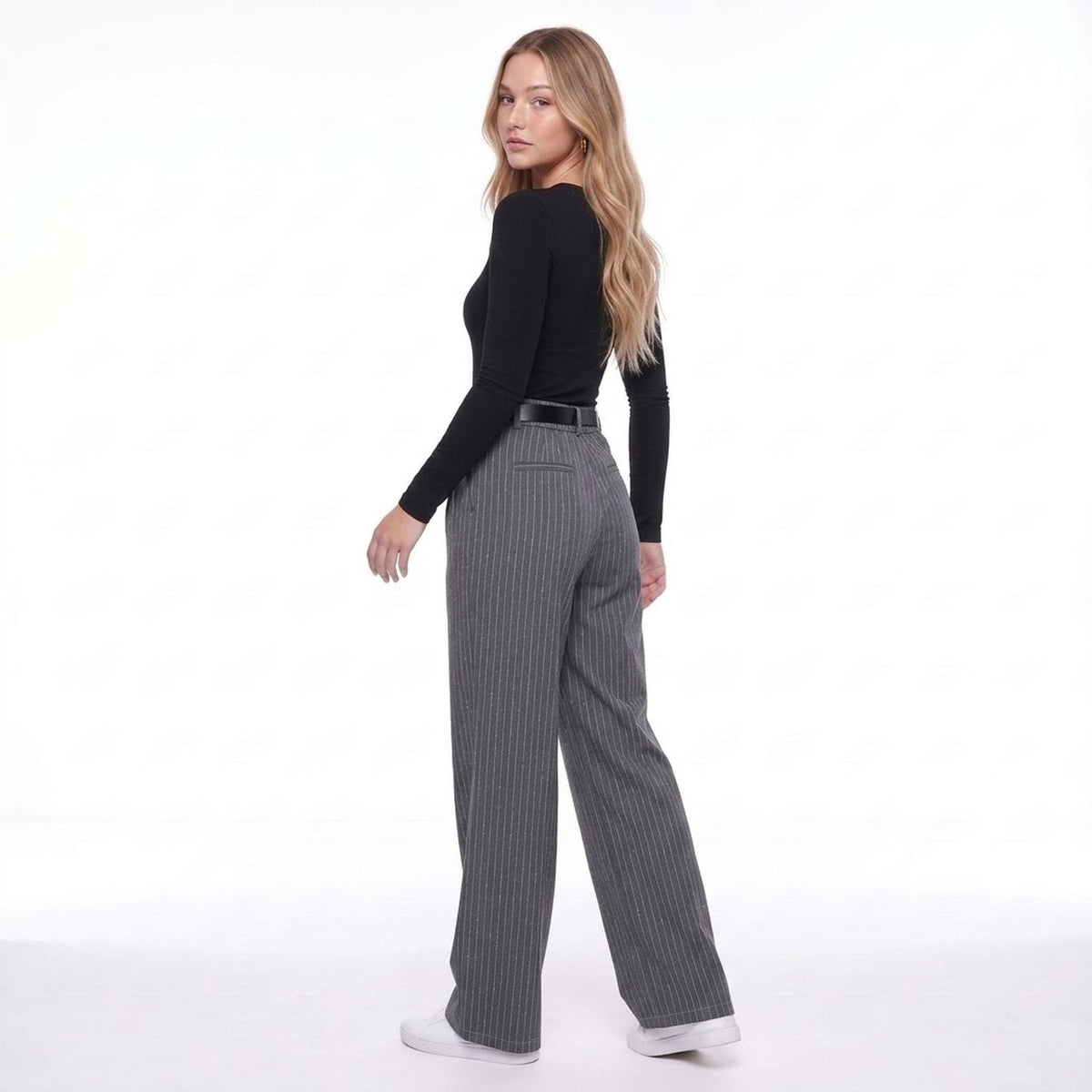 Gray Pinstripe High Waist Pleated Wide Leg Trousers