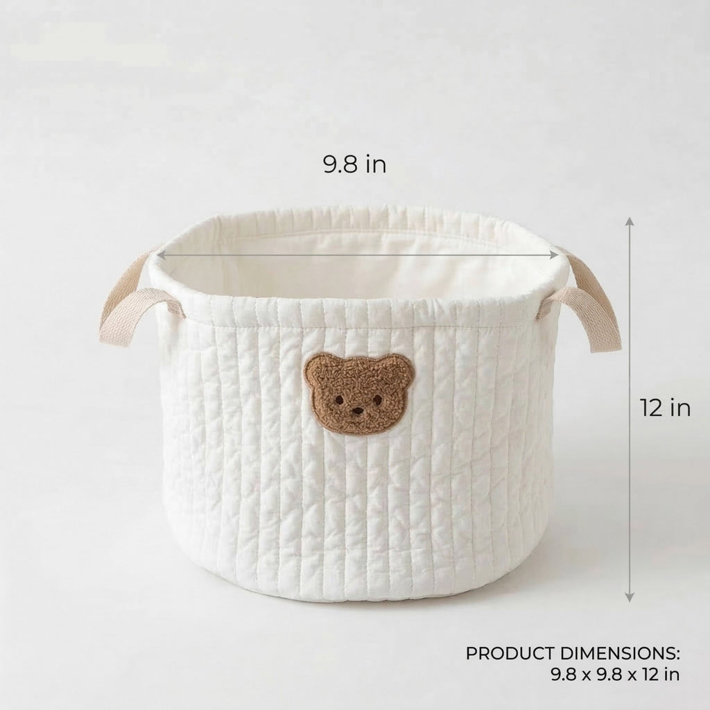 Anna-Kaci Soft Fabric Storage Basket with Embroidered Teddy Bear Design and Side Handles 9.8x9.8x12in
