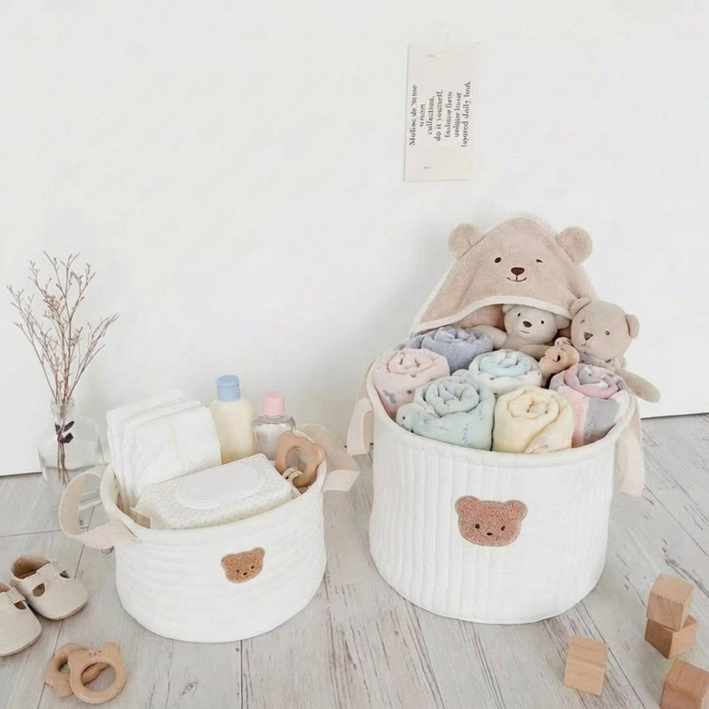 Anna-Kaci Soft Fabric Storage Basket with Embroidered Teddy Bear Design and Side Handles 9.8x9.8x12in