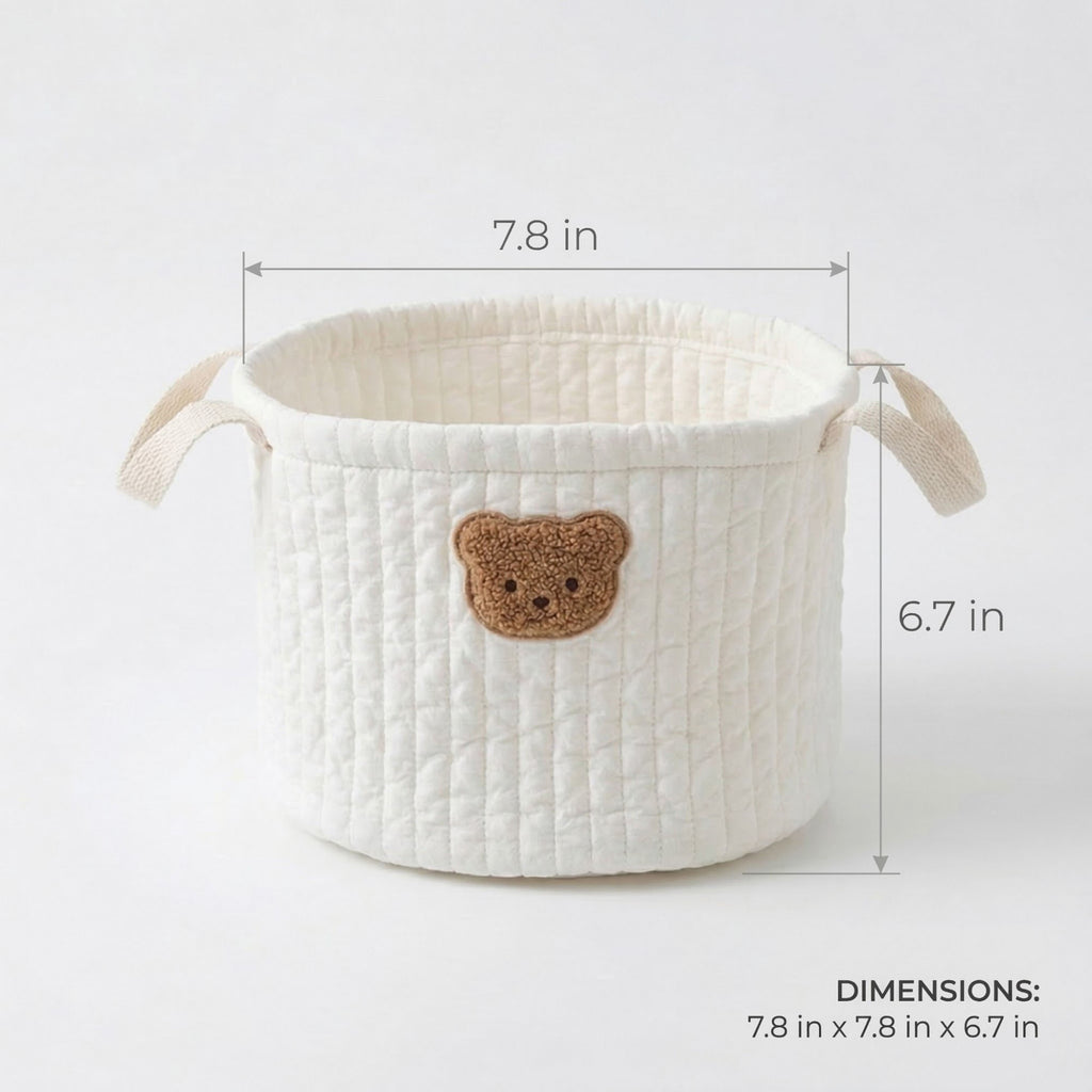 Anna-Kaci Soft Fabric Storage Basket with Embroidered Teddy Bear Design and Side Handles