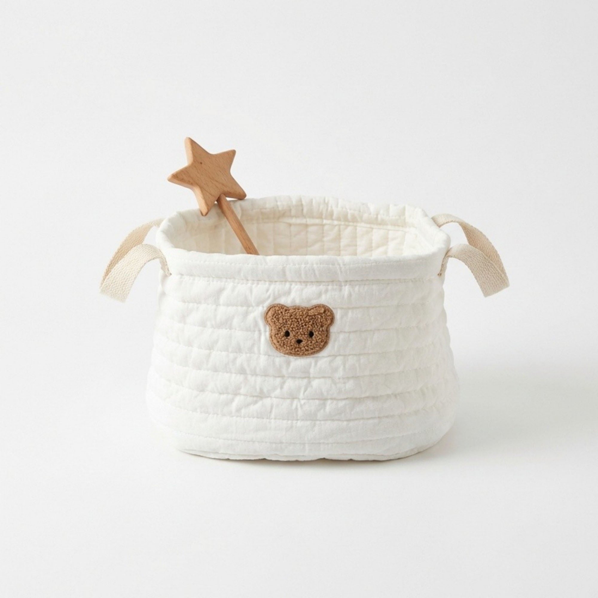 Anna-Kaci Soft Fabric Storage Basket with Embroidered Teddy Bear Design and Side Handles
