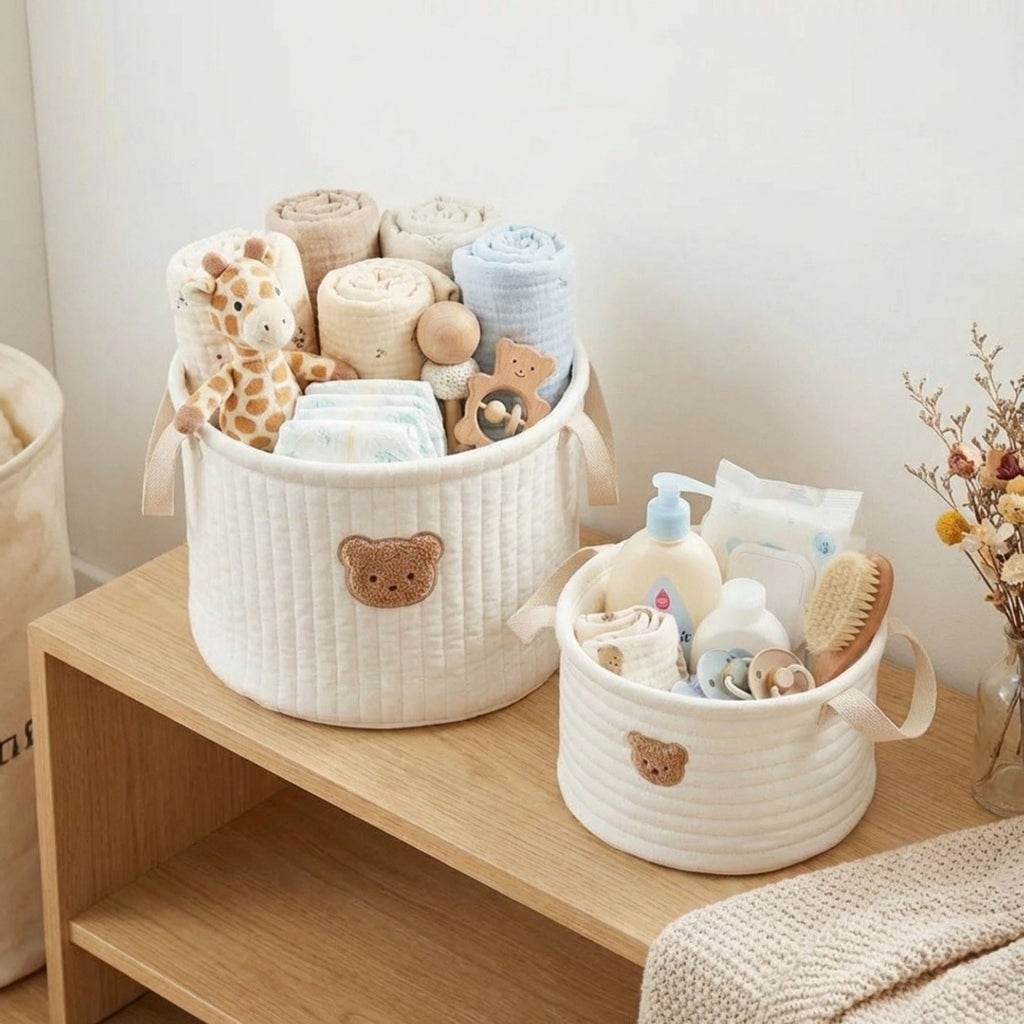 Anna-Kaci Soft Fabric Storage Basket with Embroidered Teddy Bear Design and Side Handles