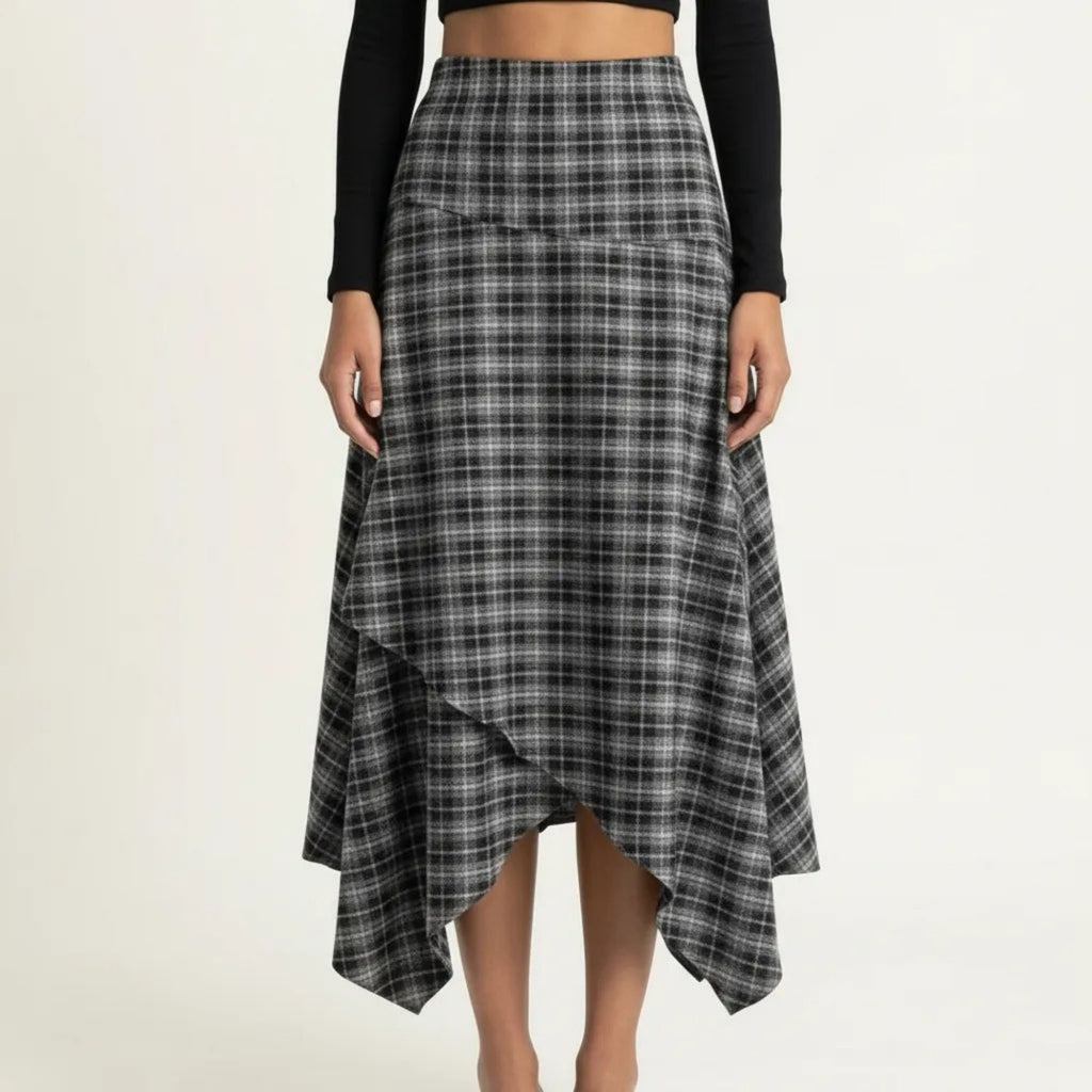 Anna-Kaci Women's Slim Fitting Plaid Asymmetrical Midi Skirt