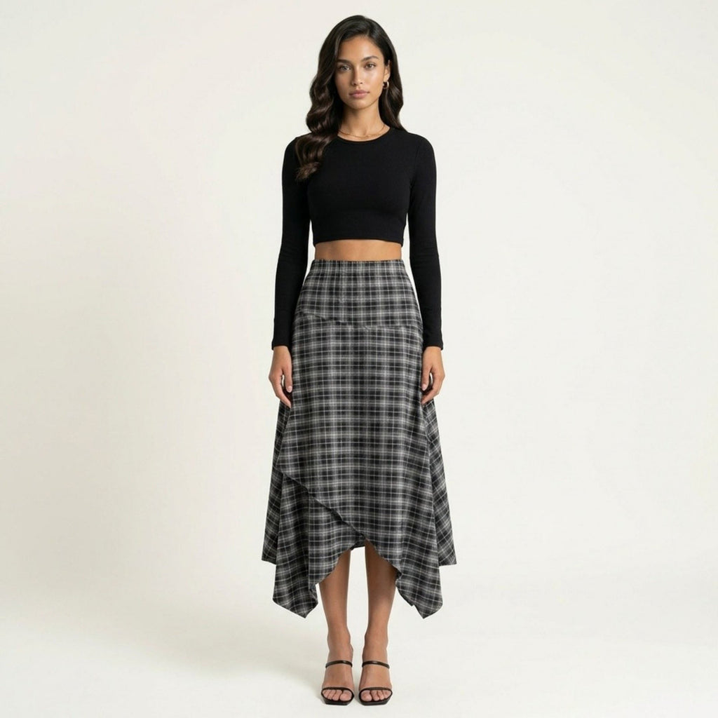 Anna-Kaci Women's Slim Fitting Plaid Asymmetrical Midi Skirt