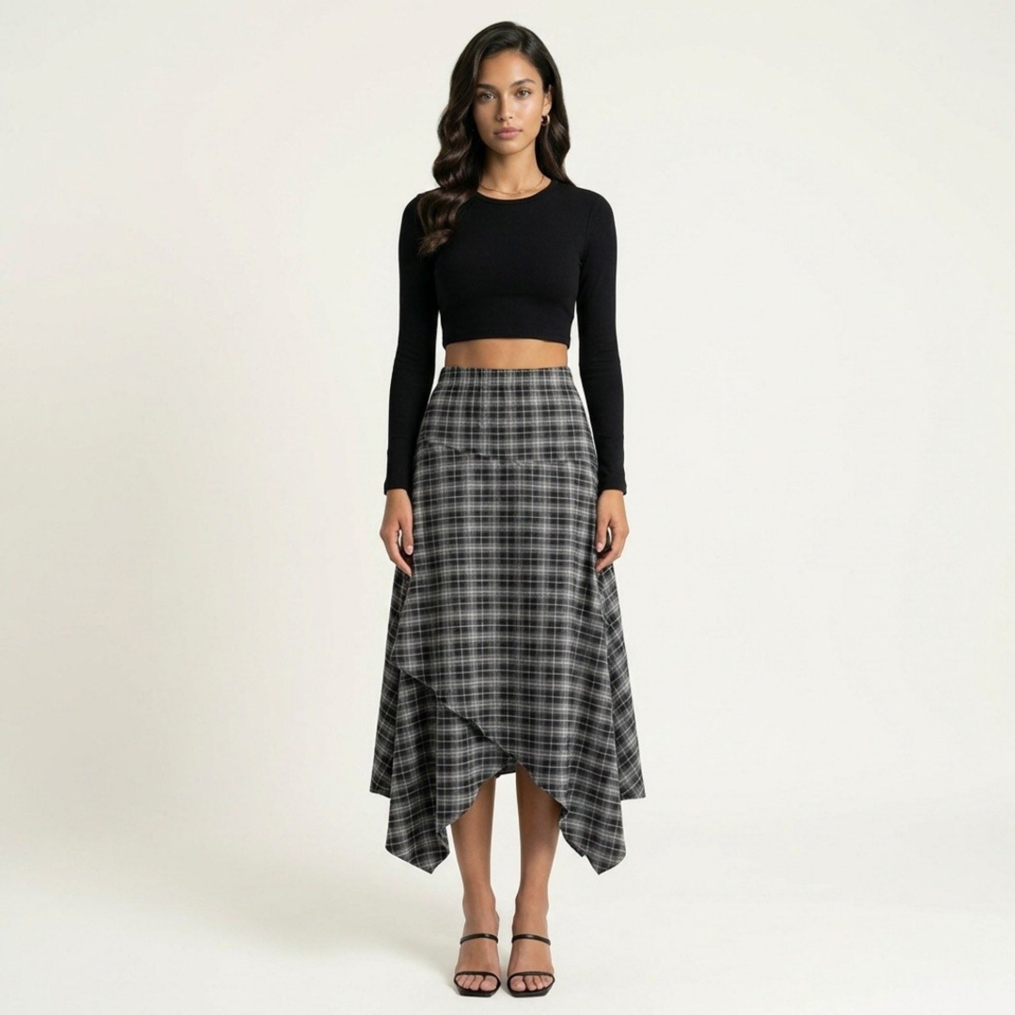Anna-Kaci Women's Slim Fitting Plaid Asymmetrical Midi Skirt