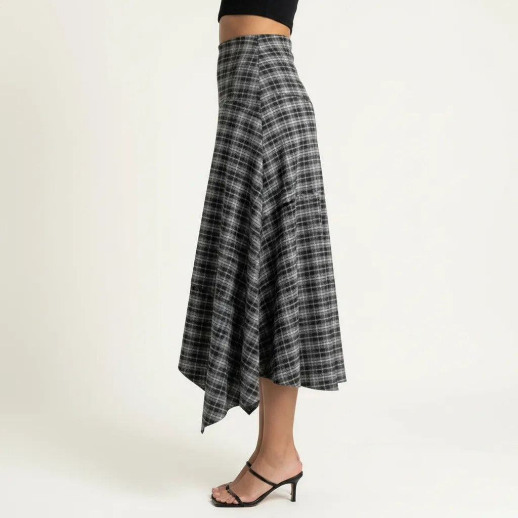 Anna-Kaci Women's Slim Fitting Plaid Asymmetrical Midi Skirt